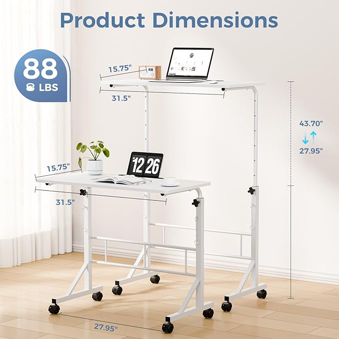 DUMOS 31.5" Walking Pad Desk, Laptop Desk, Home Office | Lockable Wheels, Adjustable Height, Portable Rolling Design, Treadmill Use, Stand Up Style, White