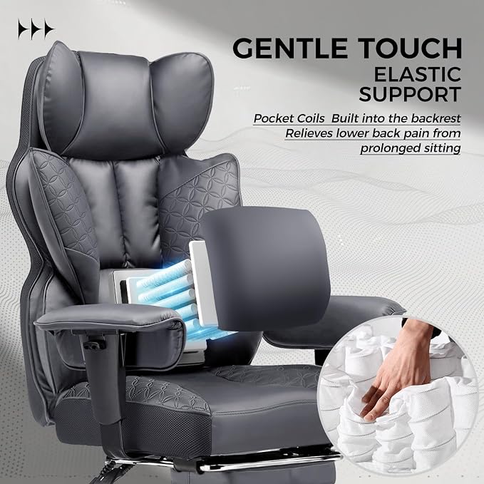 COMHOMA Big and Tall Office Chair Heavy Duty Wide Ergonomic Gaming Chair with Deluxe Embossing Designed Leather with Foot Rest,150°Reclining Adjustable Armrests Pocket Spring Back Support and Pillow