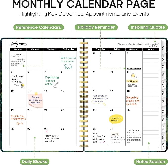 Planner 2026-2027, Monthly & Weekly Jul 2026-Jun 2027 Calendar Book | 6.3" x 8.5", Hardcover Spiral Planner with Tabs, School & Daily Pretty Agenda for Women, Students, Teachers, Mystic Grove