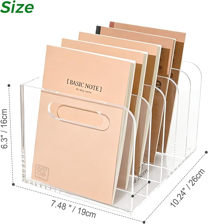 Lovemolly 5-Slot Clear Acrylic Magazine File Holder, Vertical Desk Organizer with Handle – No-Assembly Document Sorter for Office & Home, 7.48 x 10.04 x 6.3 in