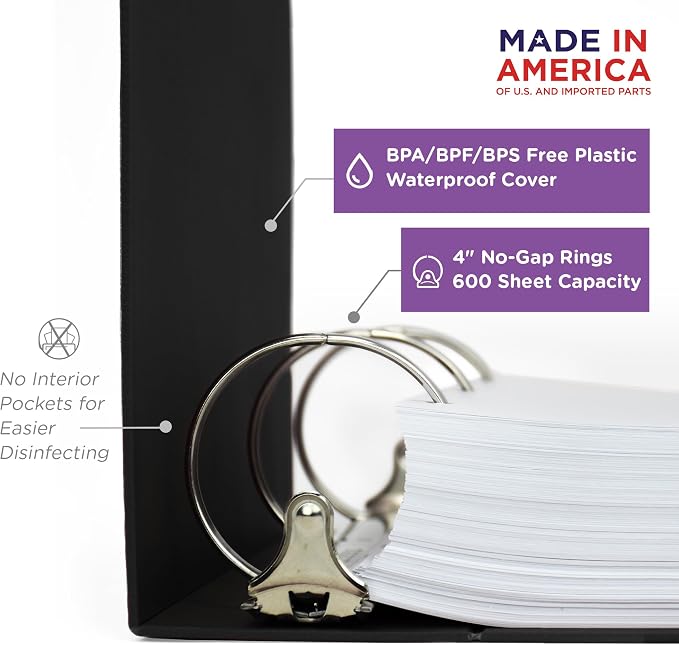 Carstens 4-Inch Heavy Duty 3-Ring Binder - Side Opening, Black, Durable Plastic, Precision No-Gap Rings, Waterproof Cover, No Pockets, Holds 600 US Letter Sheets, BPA-Free, Made in USA (1845-3R)