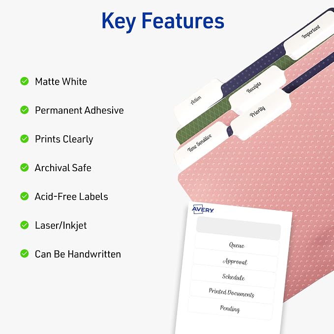 Avery® Printable Mini-Sheets® File Folder Labels, 2/3" x 3-7/16", Matte White, Permanent Adhesive, Laser/Inkjet Compatible, 300 Blank Stickers Total, Great for Printing a Few Labels at a Time (2181)