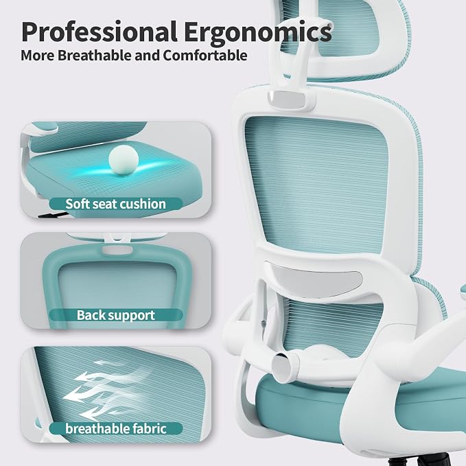 TRALT Office Chair Ergonomic Desk Chair - Gaming Chair with Lumbar Support | 330 LBS Home Office Desk Chairs with Headrest, Reading Chair with Flip-up Armrests, Comfortable Computer Chairs (1, Blue)