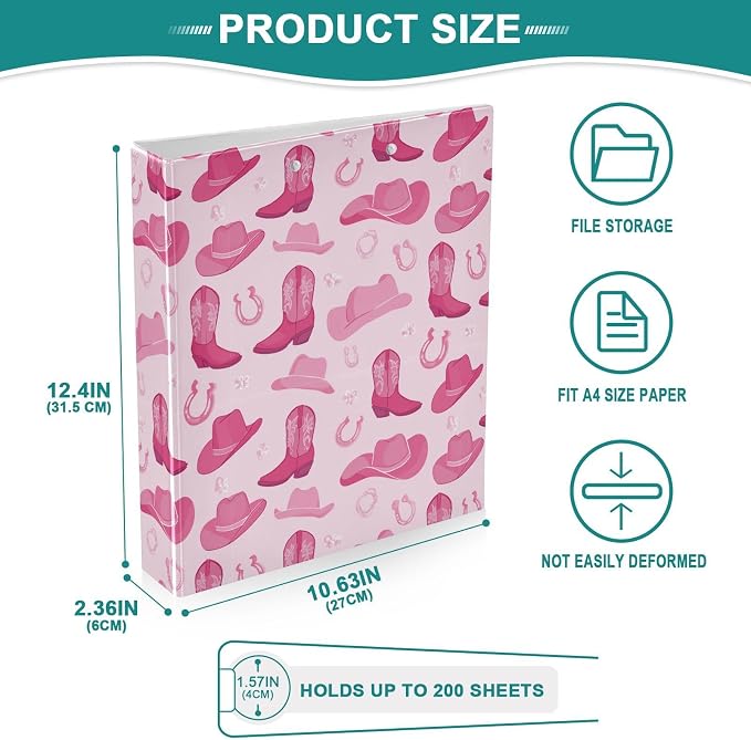 Aslsiy Wild West Girl Pink 3 Ring Binder 1.5 Inch Cow Hat Round Clipboard Binder Decorative Harcover Binders Organizer for Office Supplies