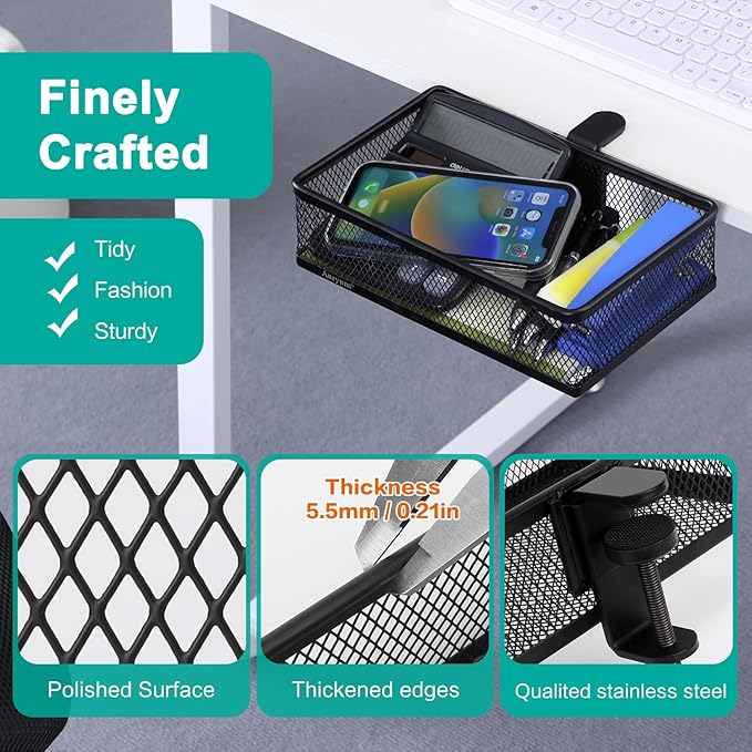 Under Desk Drawer, Clamp on Desk Organizer Under Table Hanging Desk Storage | 2 ways to clamp on: desk side or leg. Under desk organizer, clamp on desk drawer, basket hanging under table shelf, no-drill