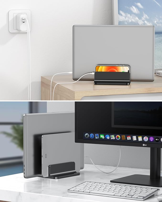 OMOTON Dual Vertical Desk Laptop Stand Holder, Fits MacBook Air/Pro, Black | Aluminum Laptop Storage Rack for Desk, Adjustable Dock for Up to 17.3 in. Gaming Laptop, Space-Saving Desk Organizer