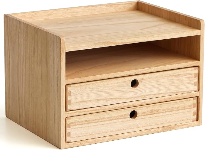 KIRIGEN Wooden Desk Organizer with 2 Drawers and Top Tray, Natural 3D2C-NA | Three-Tier Desktop Storage Cabinet Stores Papers, Office Supplies, Cosmetics, Crafts, and Small Accessories for Home Office