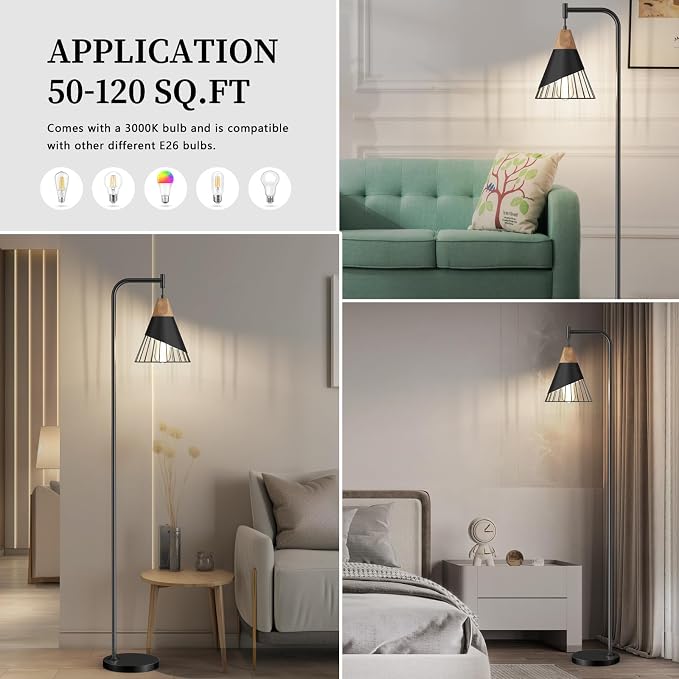 67" Industrial Floor Lamp with Wood & Black Metal Shade, Modern Standing Lamp, Rustic Farmhouse Tall Lamp for Living Room Bedroom Office, 2700K Bulb & Foot Switch Included (Black)