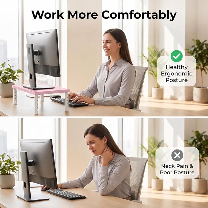 Adjustable Monitor Stand Riser for Desk, Wood Computer & Laptop Stand, Desk Organizers and Accessories, Office Desk Accessories & Workspace Organizer for Home Office Supplies, Pink