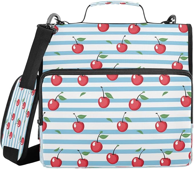 ALAZA Zipper Binder 3 Ring Cherry Berry Blue Stripes Binder Organizer with Zipper and Shoulder Strap Large Capacity Multi-Pocket Trapper Keeper File Folder for Office Supplies