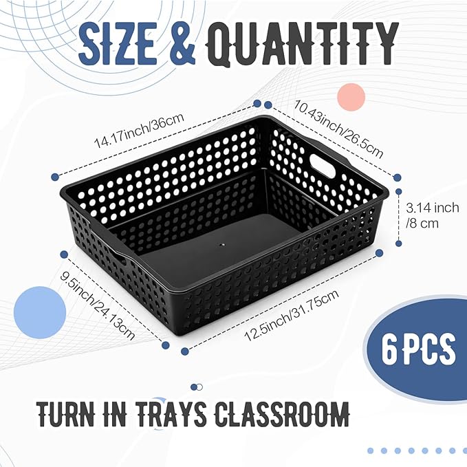 Geetery 6 Pack Classroom Storage Baskets with Handle,Black | 14''x10'' Paper Tray Holds A4 Turn in Trays Plastic Paper Baskets Desk Organizer Bin for Classroom, Library, Office, Home