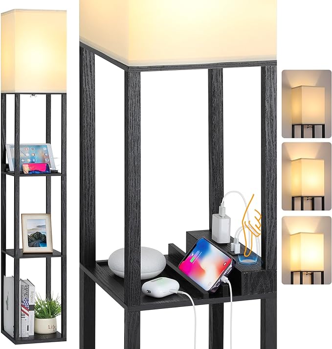 LED Shelf Floor Lamp with USB Charging Ports，Type C Port & Power Outlet, 3 Way Dimmable Touch Control Modern Standing Lamps with Shelves for Bedroom, Living Room | 3-Tier Modern Square Bookshelf Lamp, Corner Standing Light with Power Outlet Dimmable LE...