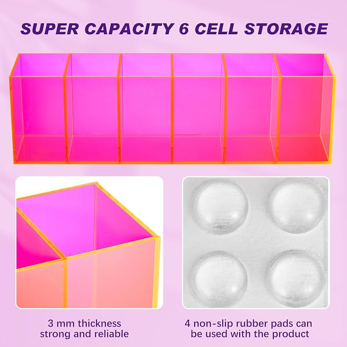 2 Pack Acrylic Makeup Brush Holder 6 Compartments Pencil Organizer Cup Pencil Holder for Desk Pen Organizer Storage Box for Accessories Cosmetic Brushes Office Bathroom Kitchen Supply (Pink)