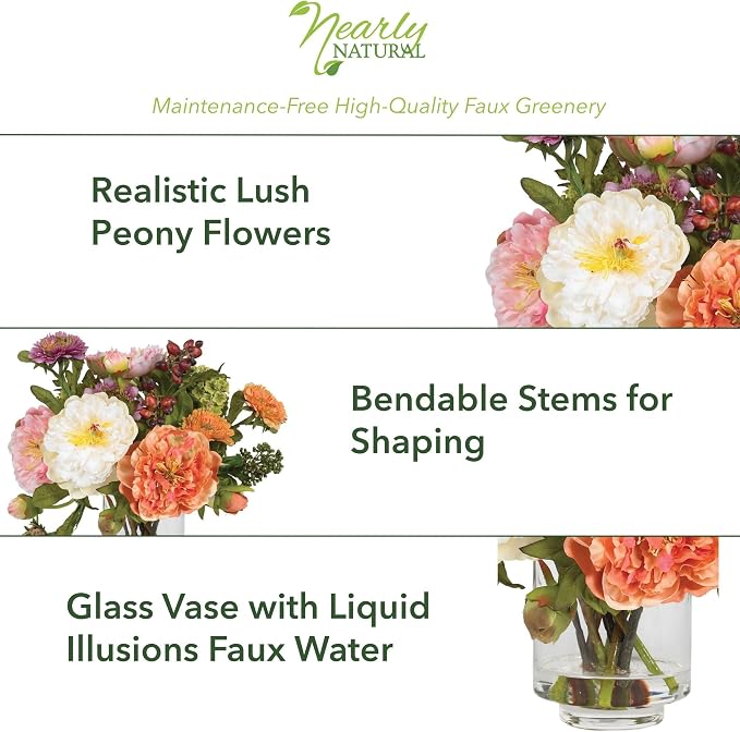Nearly Natural 10 in Artificial Peony Arrangement in Glass Vase | Mixed Peony Faux Flower Blooms, Liquid Illusion Water in Glass Vase, Mini Table and Shelf Decor