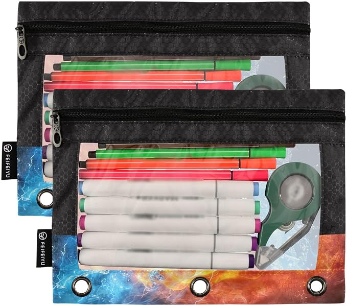 Custom American Football Fire Water Pencil Pouch for 3 Ring Binder, 2 Pack Personalized Name Waterproof Pencil Bags Clear Window Pencil Case School Office Supplies