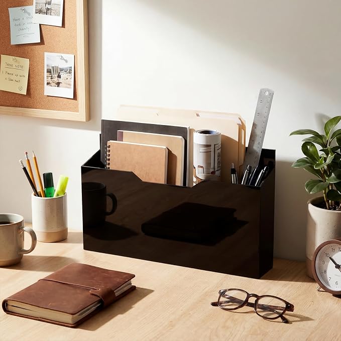 Feifeiya 1 Pack 14"x8.3"x2.4" Black Acrylic Wall File Holder Organizer Wall Mount Magazine Document Brochure Mail Pocket Durable File Storage with 3 Colors Screw Cap for Office Home Waiting Room Use