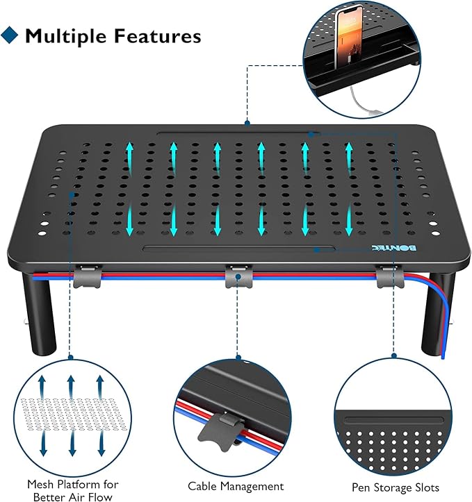 BONTEC 2 Pack Adjustable Monitor Stand Riser with Drawer, Supports 44lbs | Ergonomic Mesh Platform for Desk, Ventilated Laptop and PC Use with Cable Management for a Cooler, Organized Workspace