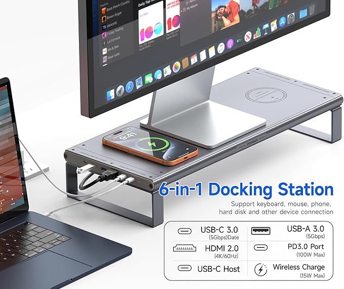YICOSUN Monitor Stand HUB - Aluminum Riser with 6-in-1 Docking Station: 4K HDMI, USB-C, USB 3.0, PD 100W, Wireless Charging, Drawer Organizer - Gray