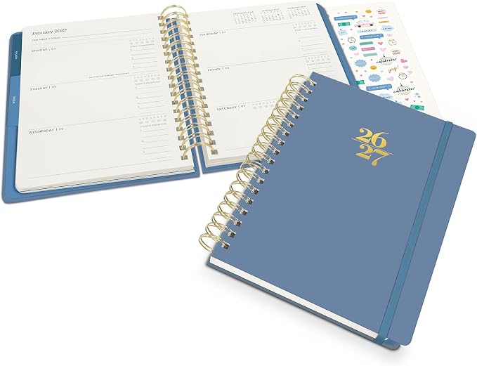Orange Circle Studio 2027 Planner, Blue Gray Tri-Tab Weekly & Monthly Planner, 9.6" x 7", Spiral Bound Organizer with Note Pages, Pocket Dividers & Elastic Closure Design for Home Office Planning Uses