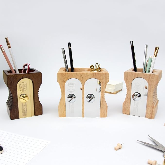 Suck UK Pen Holder - Wooden Pencil Sharpener - Stationary Organiser - Desk Tidy - Quirky Office Desk Accessories - Funny Pencil Pot Novelty Pen Holder - Vintage Teacher Gifts For Men - Light
