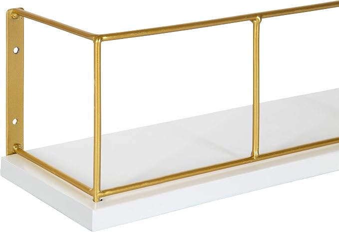 Kate and Laurel Benbrook 18-inch 2-Pack Wood and Metal Floating Wall Shelves, White and Gold