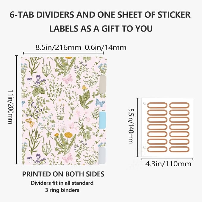 3 Ring Binder 1 Inch, Cute Round Ring Binders with 6 Tab Dividers, Labels Stickers, Low Profile Clipboard with Storage, Fashion Binder School Office Supplies(Wild Flowers)
