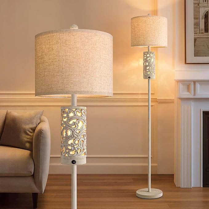 65“ Farmhouse Floor Lamp for Living Room, Rustic Floor Lamp with Main&Night Light,Linen Shade&Dual Switches, Standing Lamp for Bedroom Office Corner Dining Room, Wood Pole Lamp