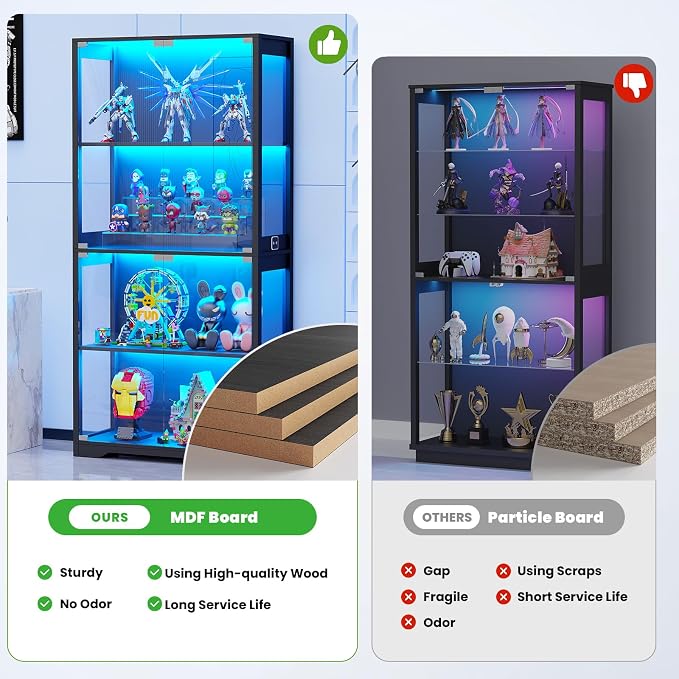BROTTAR Display Cabinet with Glass Doors, 4-Tier Display Case, Black | Curio Cabinet with 3 Color Lights for Collectibles, Storage Cabinets with Human Body Sensor