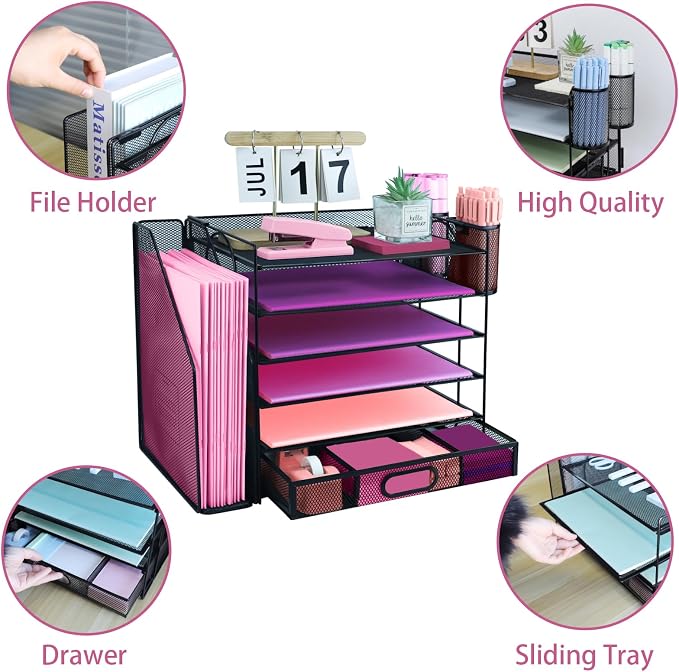 Desk Organizers and Accessories with File Holder, 6-Tier Paper Letter Tray Organiser with Drawer and 2 Pen Holder, Mesh Desktop Document Organizer for Office Supplies, Workspace - Black