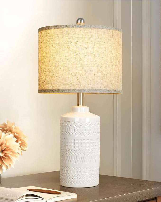 JUNNAI White Ceramic Table Lamp with Beige Shade: 3-Way Dimmable Night Stand Light Lamp 24.5" Modern Table Lamps for Living Room Bedroom End Table Office Entryway Lamps (Bulb Included