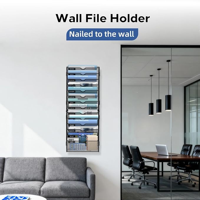 14-Tier Wall File Organizer and Hanging File Organizer, Black | Wall Organizer and Wall Mounted File Holder with 14 Pockets and Label Panels for Files, Mail, Folders, Magazines and Paper