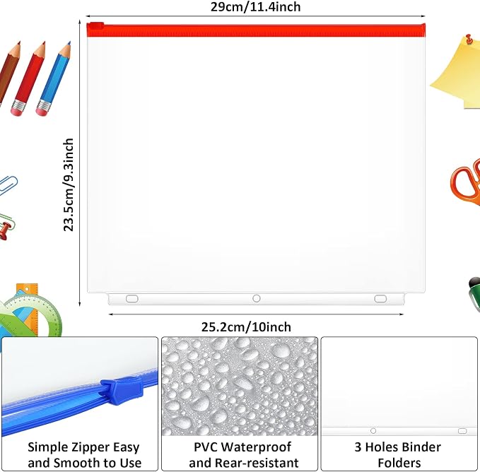 Gersoniel 40 Pieces Binder Pockets 3 Hole Zipper Pouch 3 Ring A4 Pockets with Zipper Binder Folders Plastic Pouches Loose Leaf Bags Waterproof PVC Document Filing Bag (Colorful)