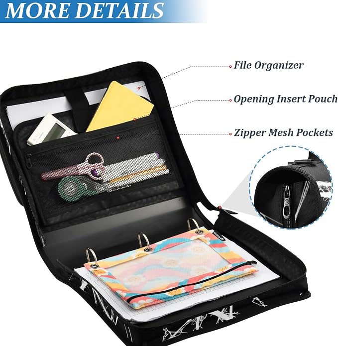 Custom 3 Ring Zipper Binder Black Marble White Pattern Personalized Name 1.5 inch Binders Large Capacity Multi Pockets for School Office Supplies