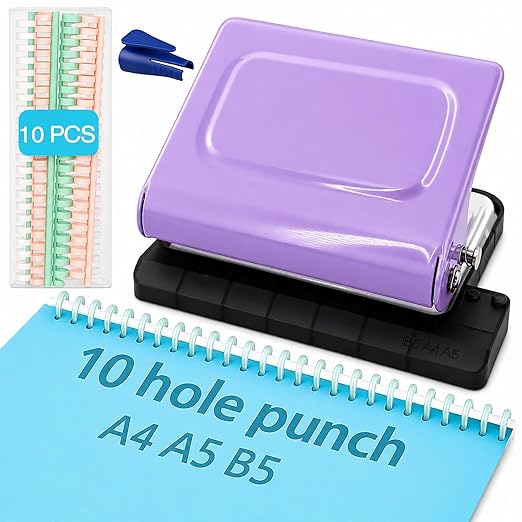 10 Hole Punch Binding Machine Kit for Planner (Purple) with 10 Multi-Color Spiral Coils, Adjustable A4 A5 B5 Paper Puncher, DIY Notebook Scrapbook Maker for Home Office School Organization