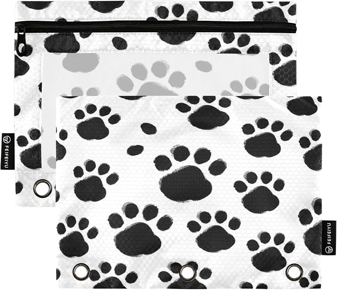 Black Paws Print Pencil Pouch for 3 Ring Binder, 2 Pack Waterproof Pencil Bags Clear Window Pencil Case Zipper School Office Supplies