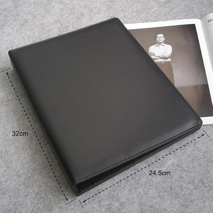 KINGFOM A4 Faux Leather Padfolio Ring Binder Business File Folder Document Holder with Card Holder (3 Ring Binder Black)