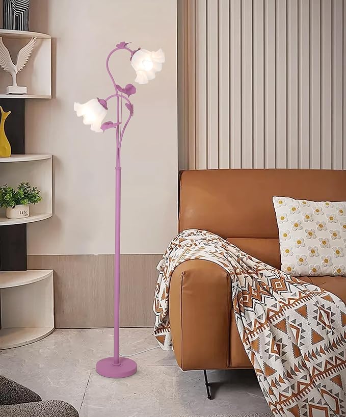 HMVPL Purple Floral Floor Lamp, Girls Flower Floor Lamp for Bedroom, Cute Lotus Standing Lamp with 2 LED 5W Blubs, Foot Switch, Unique Flower Tall Lamp for Living Room Kids Nursery Bedside Corner