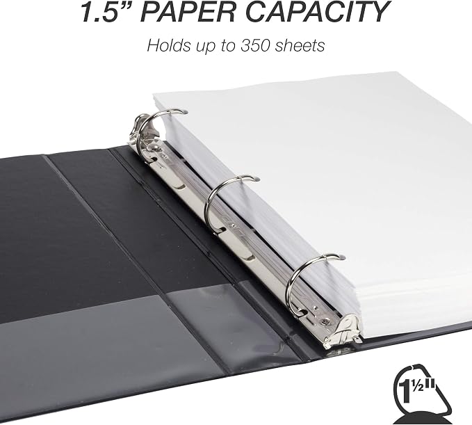 Samsill Durable 1.5 inch 3 Ring Binder, D Ring Binder, 100% Recycled Chipboard, Black, 4 Pack
