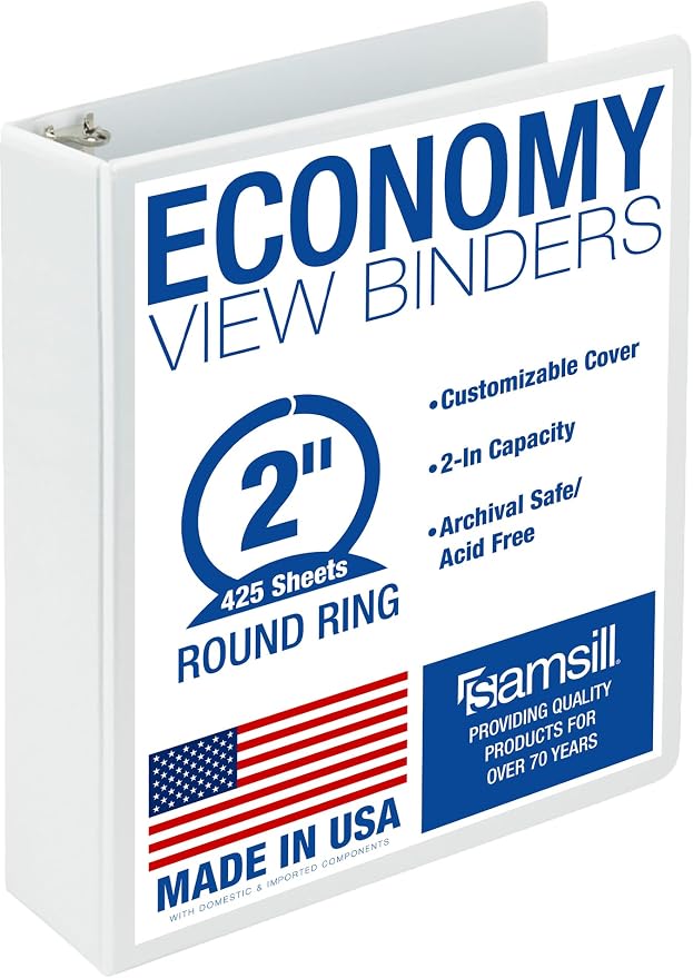 Samsill 2 Inch 3 Ring Binder, Economy Round Ring, Clear View Cover, 425 Sheet Capacity - for School, Home, Office - Pearl White