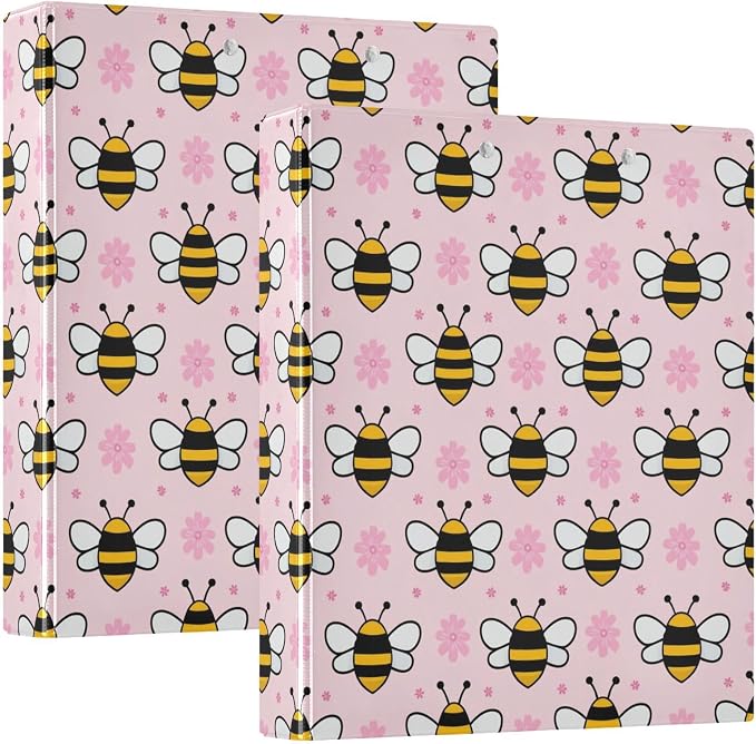 Aslsiy Pink Bee Yellow Bees Flowers 3 Ring Binder 1.5 Inch Round Clipboard Decorative Harcover Organizer for Office Supplies