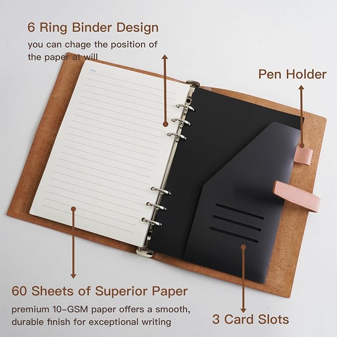 Refillable A5 Leather Binder Notebook, Reusable Leather Journal, Vintage Organizer with 6-Ring Metal Binder, 120 Pages Lined Paper & Pocket, for Writers Business Work Study College and Daily, Pink
