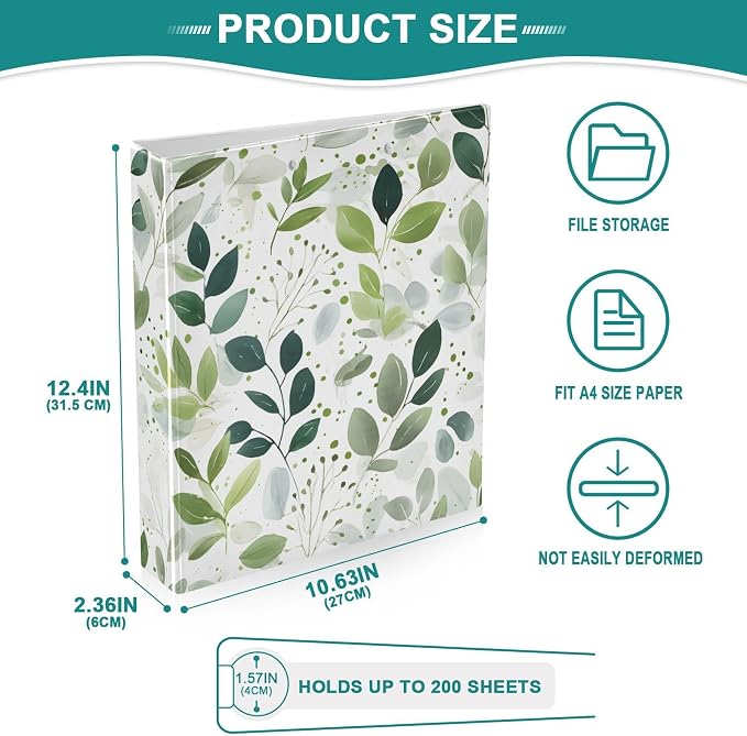 Eucalyptus Green Leavves Tropical Plant 3 Ring Binder with 2 Interior Pockets 1.5 inch Binders 3 Ring Heavy Duty Fit 8.5" x 11" Letter Size for Office School, 2 Pack