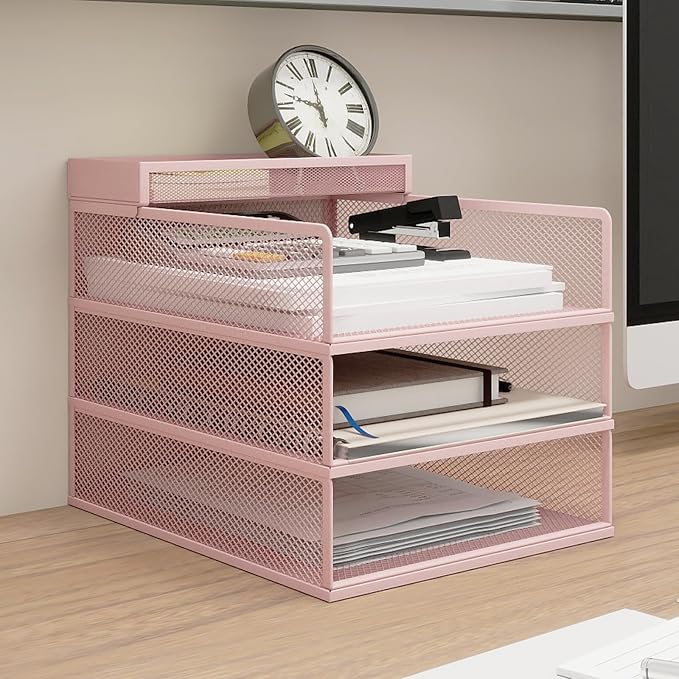 Natwind 3-Tier Stackable Metal Mesh Letter Paper Tray Organizer,Pink | Desk Organizer For Paper,Document,Mail Tray For Office Supplies,File Holder For Home Office School Classroom Organization