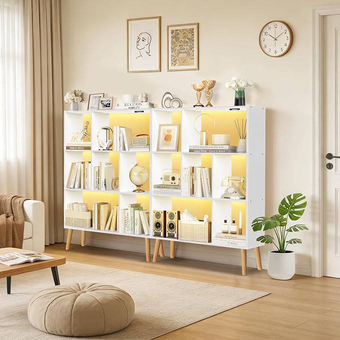 7-Cube Bookshelf with LED Lights, Touch & Remote Control, Freestanding Open Bookcase Storage Shelf, Dimmable Modern Wooden Display Organizer with Legs for Living Room, Bedroom, Office(White)