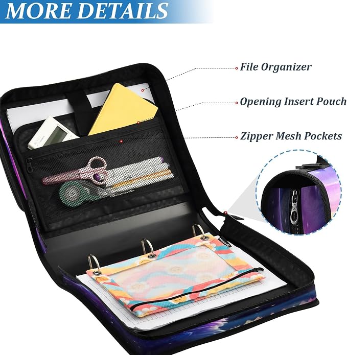 Stars Wolf Print Zipper Binder Bag 3 Ring with Shoulder Strap & Handle Multi Pocket Binder Organizer Bag Large Capacity for School Office Supplies