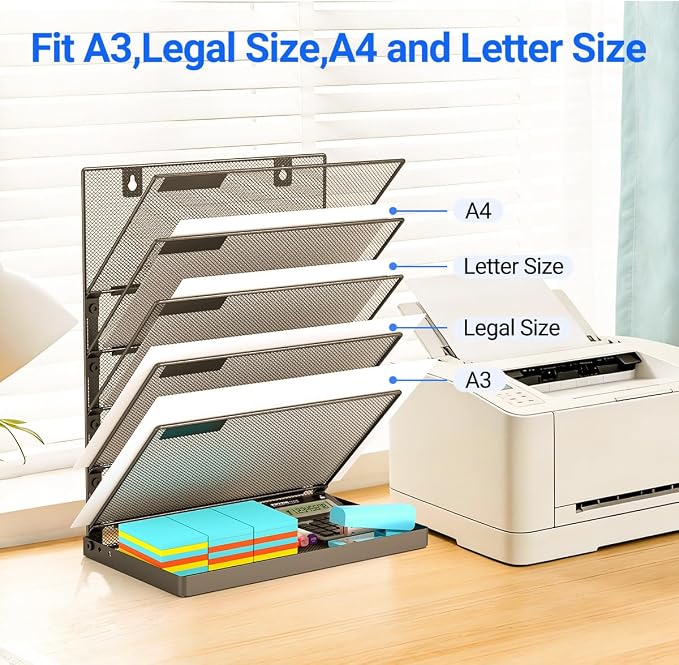 Legal /A4/ Letter Size Hanging Wall File Organizer Desktop File Organizer,6-Tier Wall Mount/Self Standing Paper Document Folder Holder,Mesh Magazine Rack for Office Home, Black ﻿