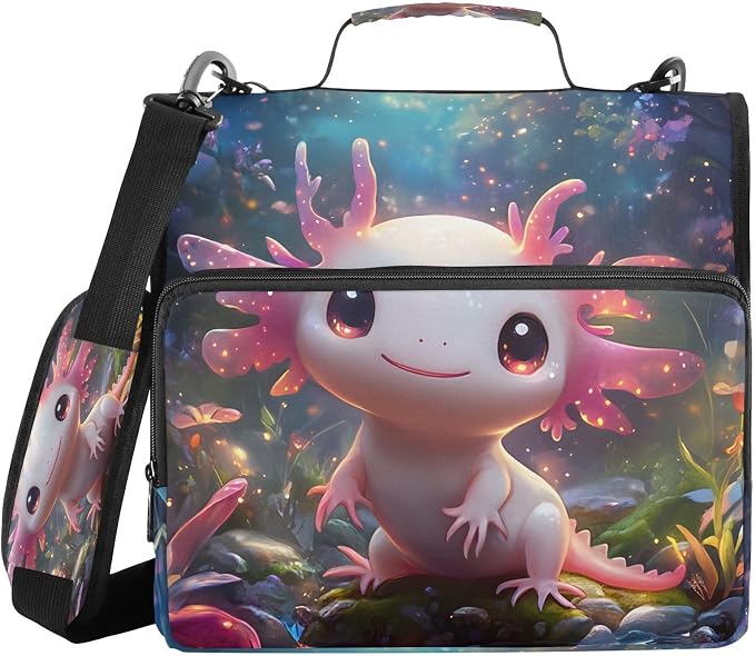 3 Ring Zipper Binder with Shoulder Strap Cute Axolotl Animal 2 Inch Zippered Binder Bag 500 Sheet Capacity Multi Pockets for School Supplies