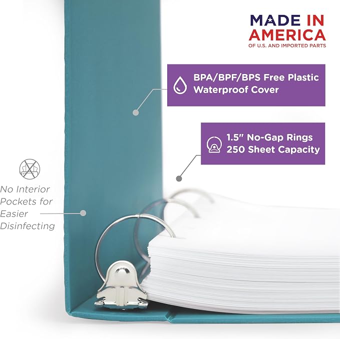 Carstens 1.5-Inch Heavy Duty 3-Ring Binder - Side Opening, Powder Blue, Durable Plastic, Precision No-Gap Rings, Waterproof Cover, No Pockets, Holds 250 Letter Sheets, BPA-Free, Made in USA (2022-3R)