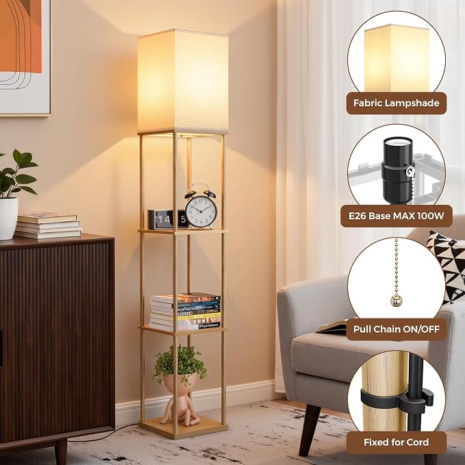 Floor Lamp with Shelves, 3-Tier Modern Square Bookshelf Standing Lamp Wood | 3 Color Temperature Bulb Included, Pull Chain Tall Lamp for Living Room Bedroom Corner Office Apartment Decor