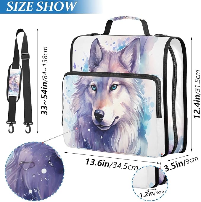Wolf Watercolor 3 Ring Binder Bag 1.5 inch Binder Organizer with Zipper Shoulder Strap 500 Sheet Documents Storage for School Office